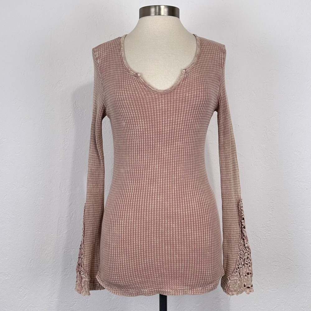 Womens Y2K Bella Elena Waffle Knit Top Size Large Long Sleeve Embroidered Cuff